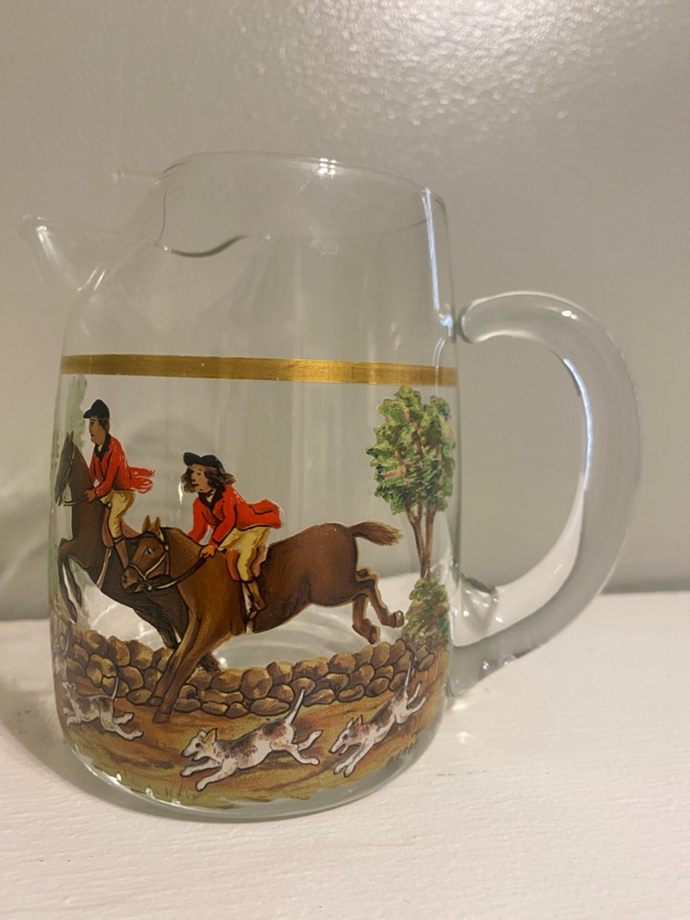 Vintage Hunting Scene Glass Pitcher with Gold Trim